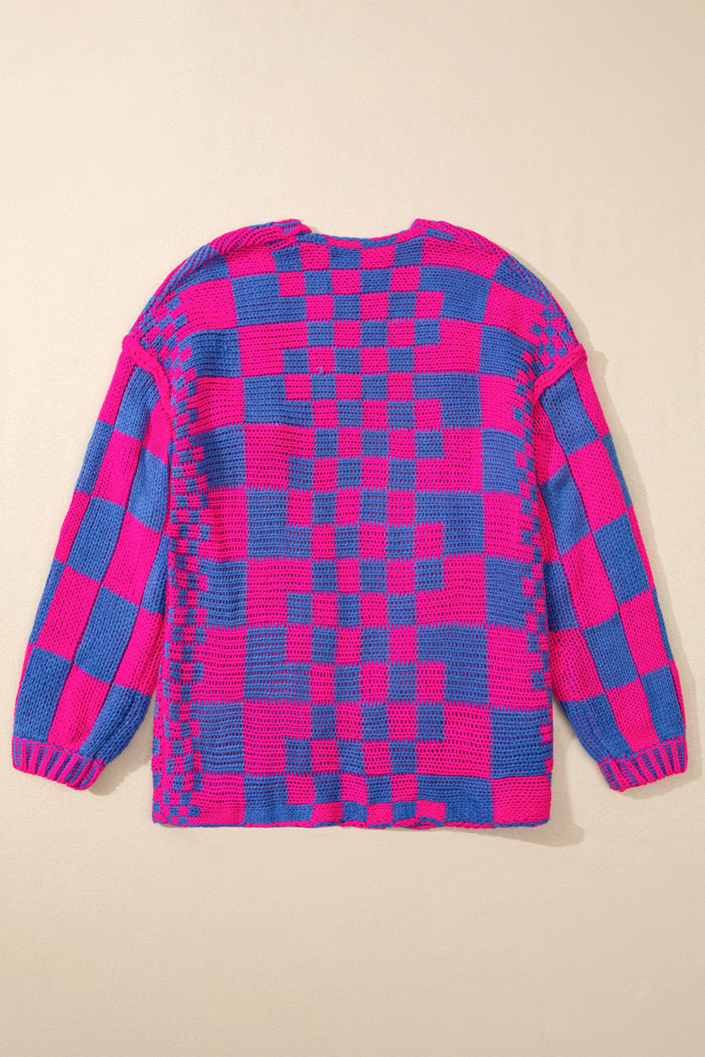 Dark Grey Colorblock Checked Loose Fit Open Front Knitted Cardigan