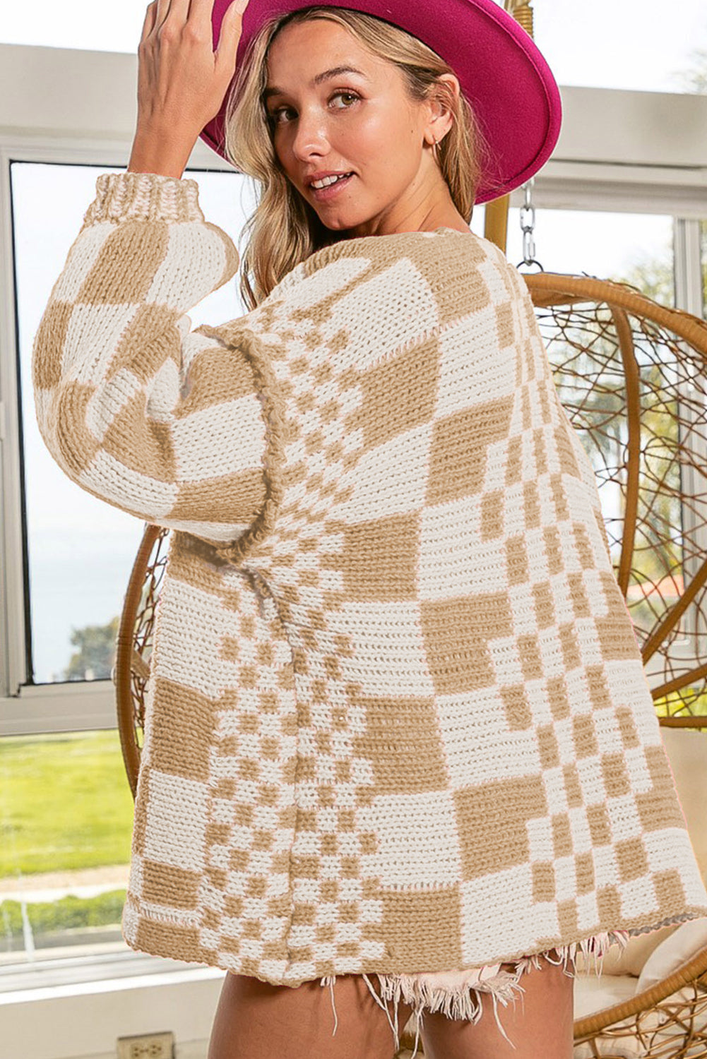Dark Grey Colorblock Checked Loose Fit Open Front Knitted Cardigan