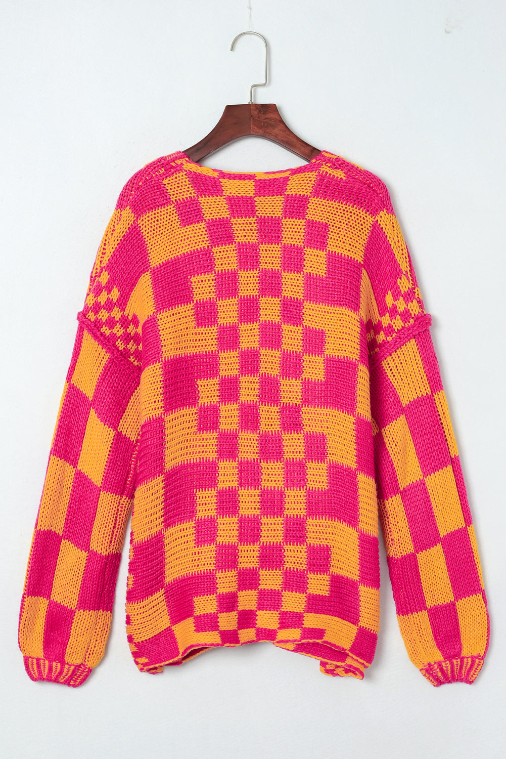 Dark Grey Colorblock Checked Loose Fit Open Front Knitted Cardigan