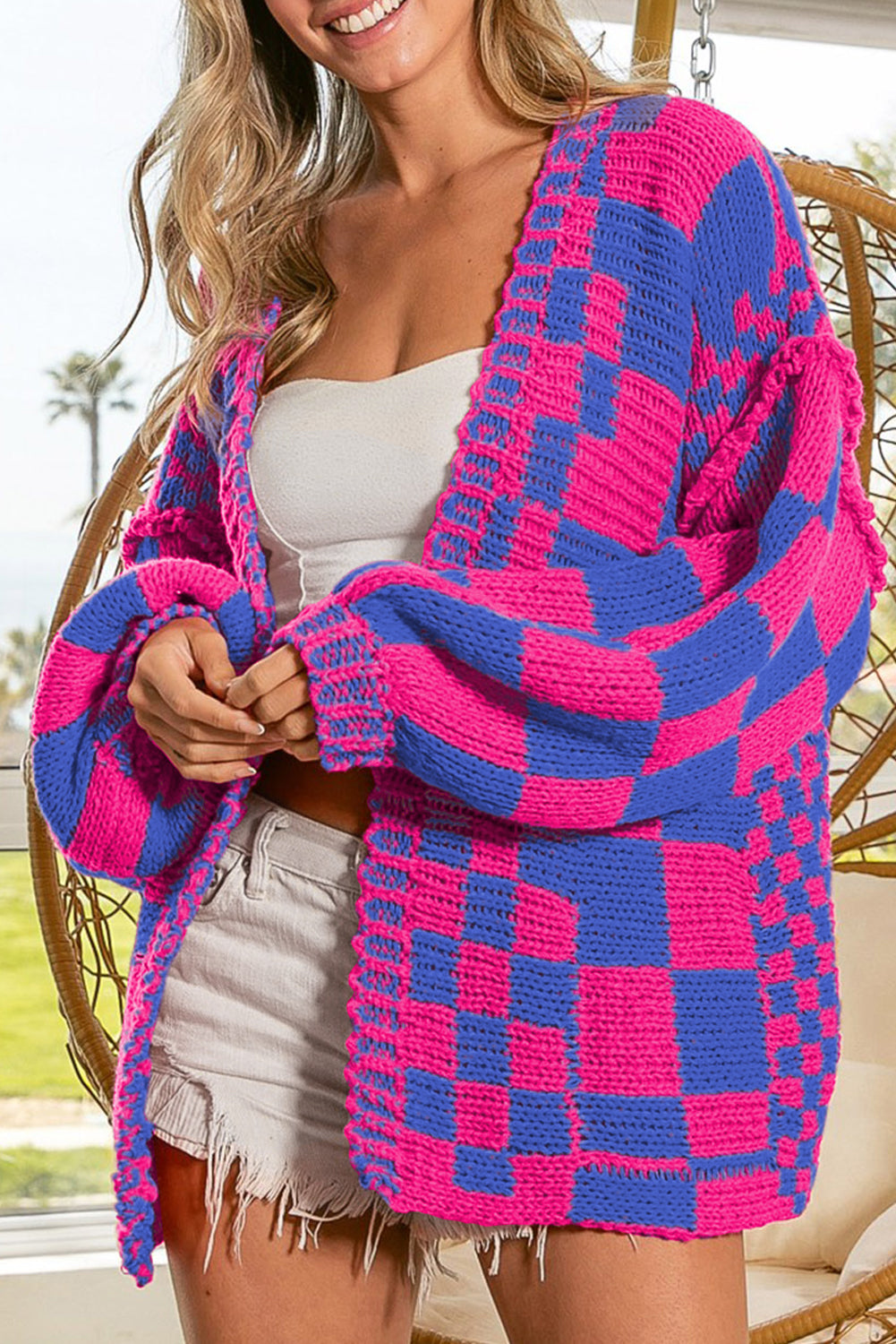 Dark Grey Colorblock Checked Loose Fit Open Front Knitted Cardigan