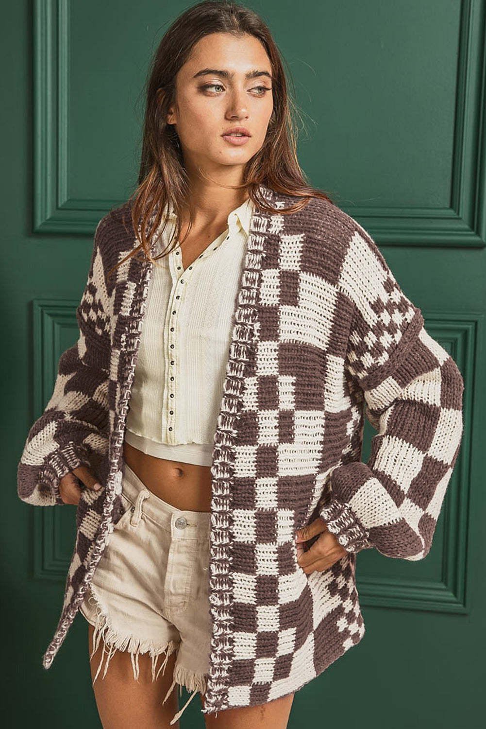 Dark Grey Colorblock Checked Loose Fit Open Front Knitted Cardigan