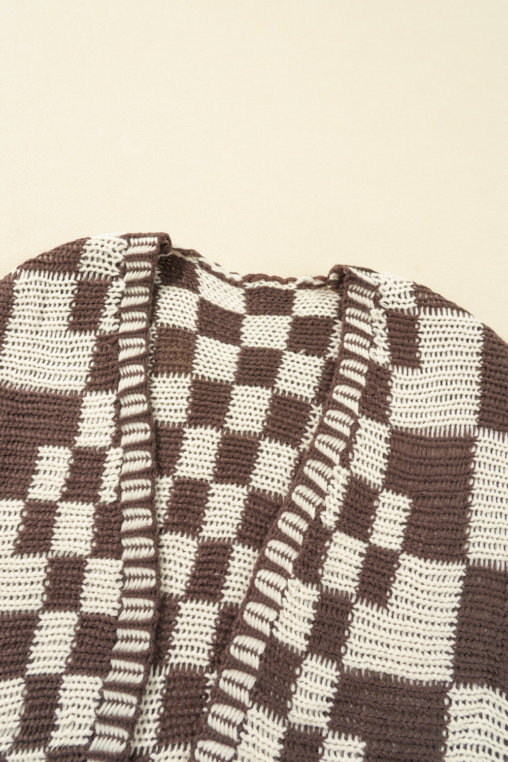 Dark Grey Colorblock Checked Loose Fit Open Front Knitted Cardigan