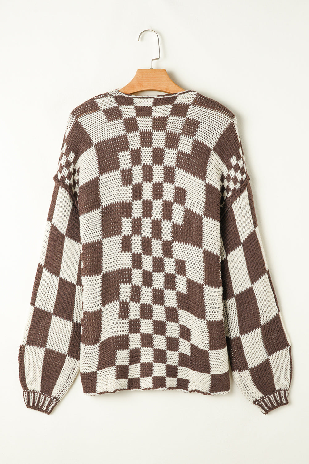 Dark Grey Colorblock Checked Loose Fit Open Front Knitted Cardigan