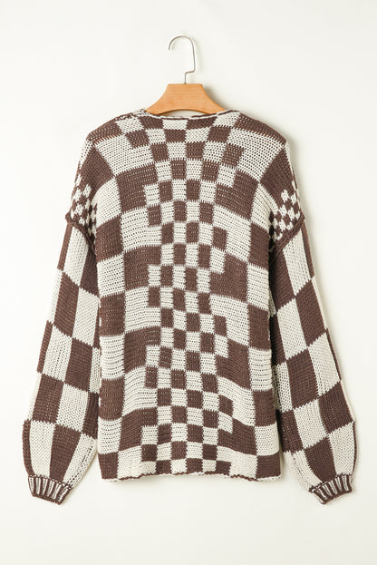 Dark Grey Colorblock Checked Loose Fit Open Front Knitted Cardigan