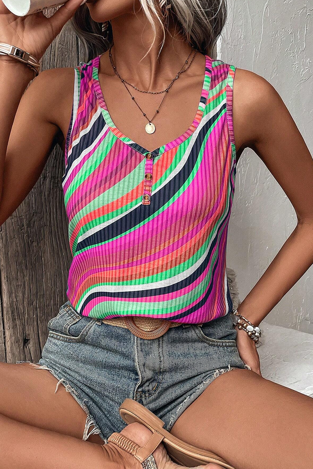 Multicolor Striped Print Henley Neck Tank Top