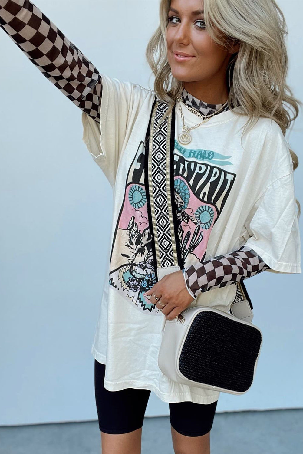 Rose Checkered Pattern Mesh Long Sleeve Top