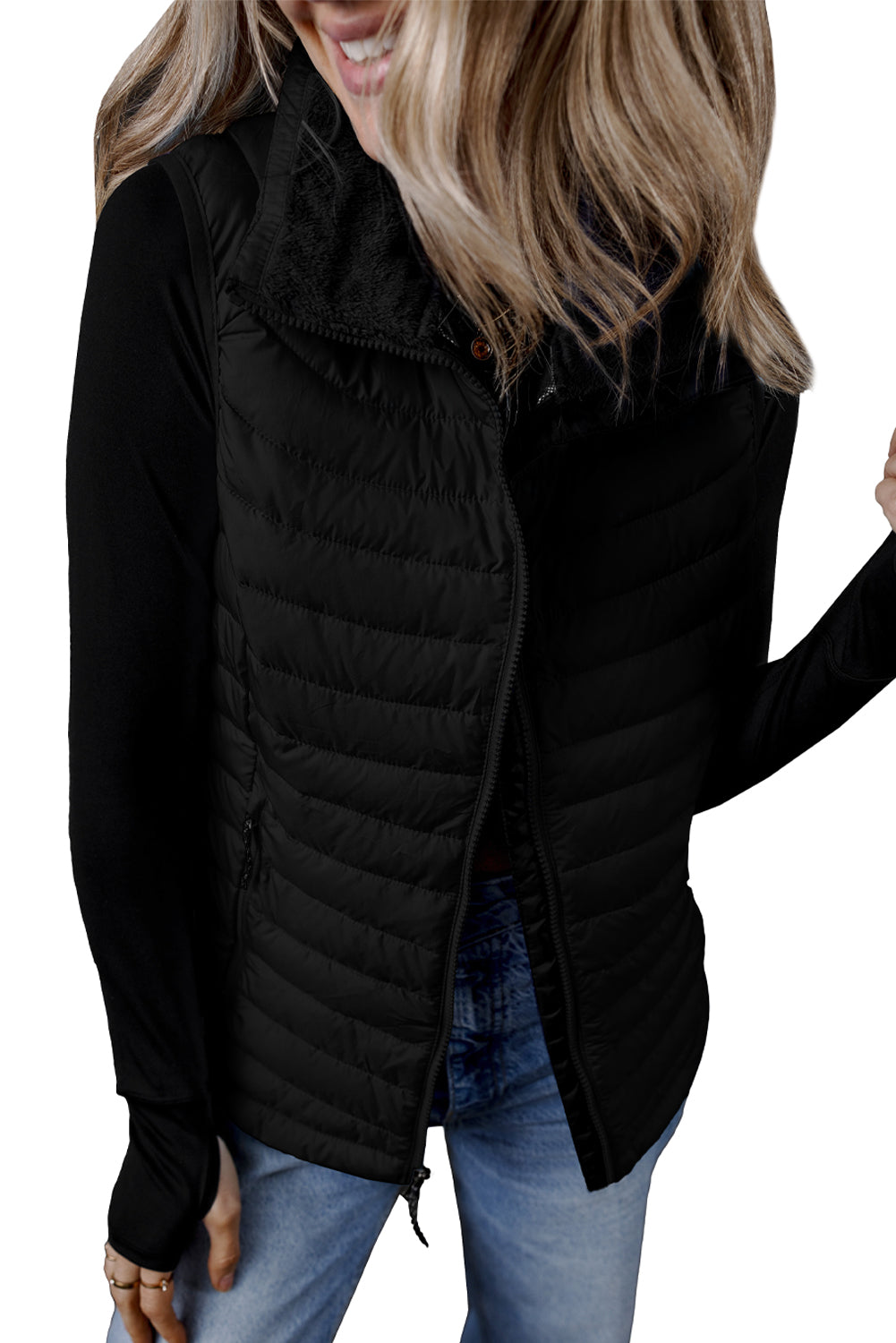 Silvery Plush Collared Quilted Zipped Puffer Vest