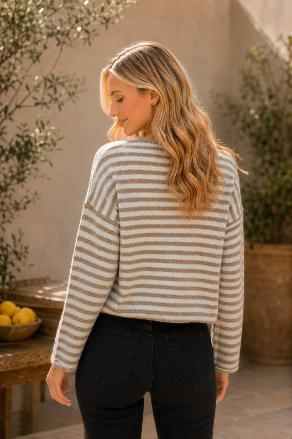 Striped Crew Neck Long Sleeve Top w/ Button Details