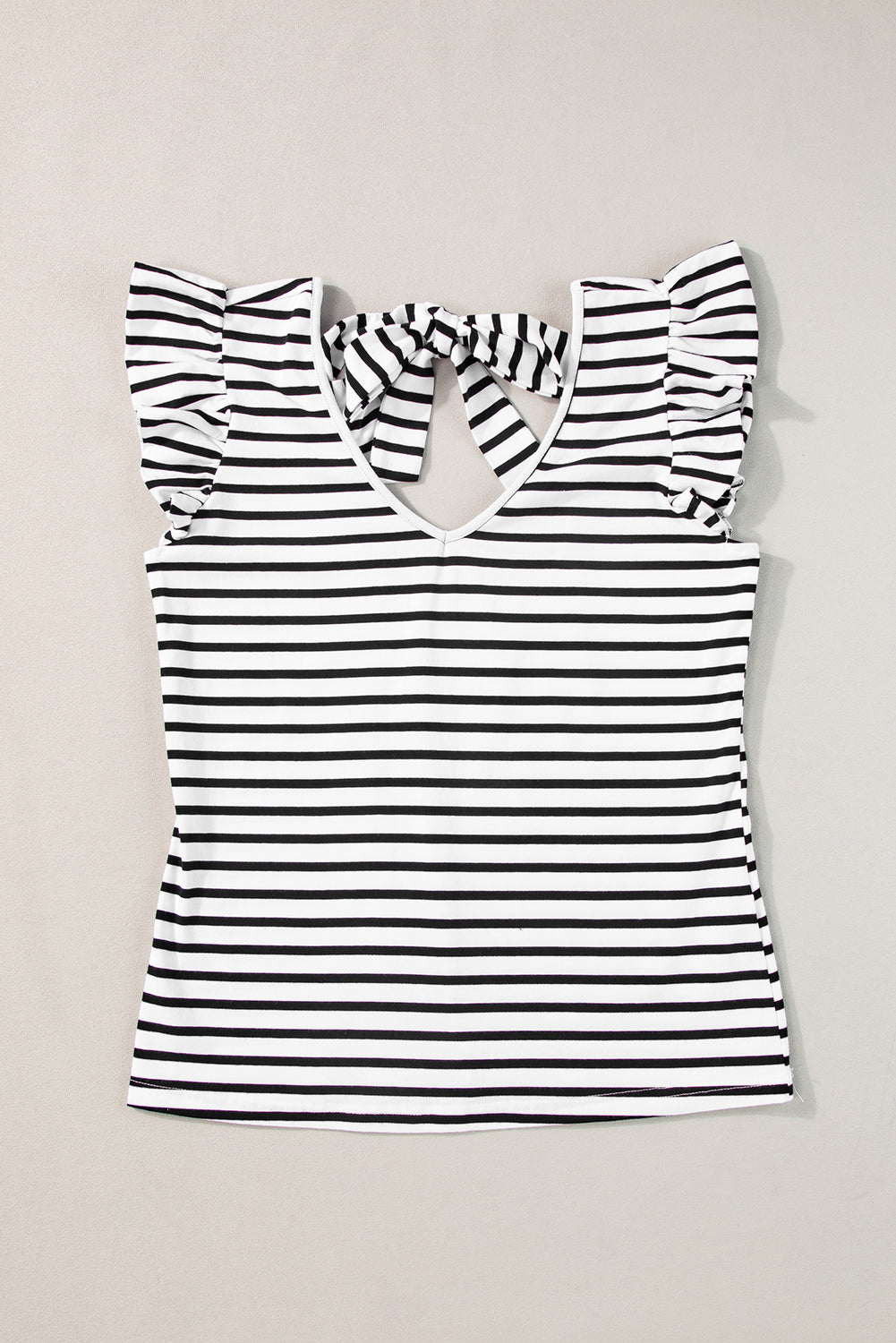 White Stripe V Neck Knotted Backless Ruffle T Shirt