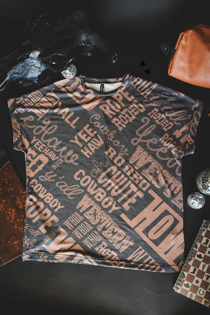 Dark Grey Vintage Letter Print Graphic Loose Tee