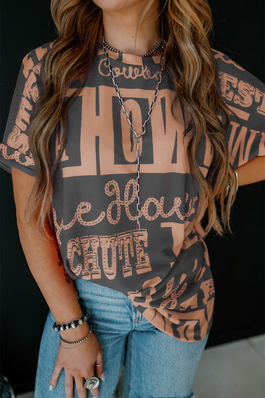 Dark Grey Vintage Letter Print Graphic Loose Tee