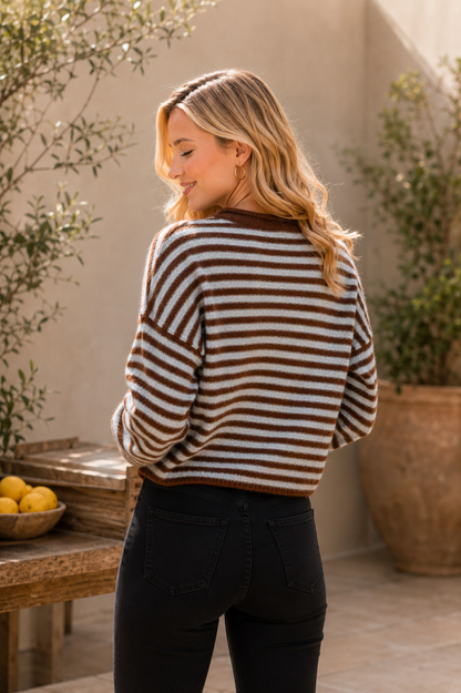 Striped Crew Neck Long Sleeve Top w/ Button Details