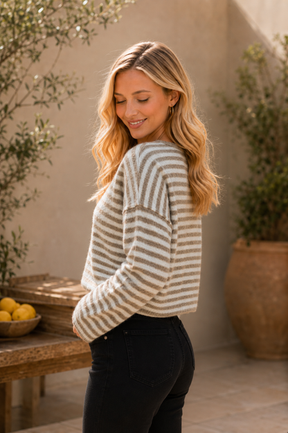Striped Crew Neck Long Sleeve Top w/ Button Details