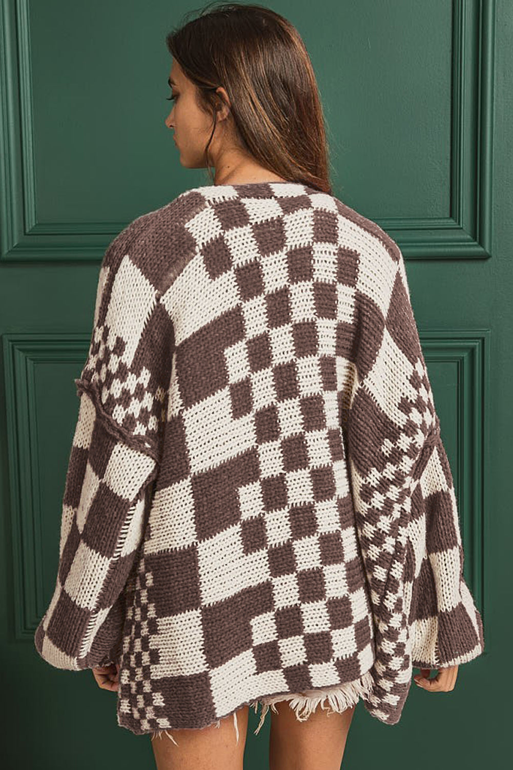 Dark Grey Colorblock Checked Loose Fit Open Front Knitted Cardigan