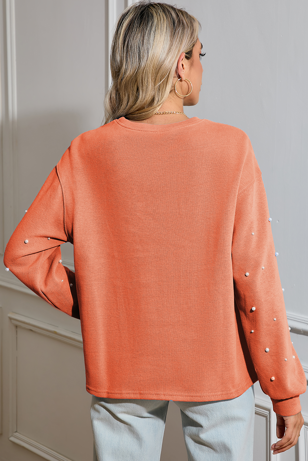 Blossom Pearl Sleeves Ribbed Pullover Sweatshirt