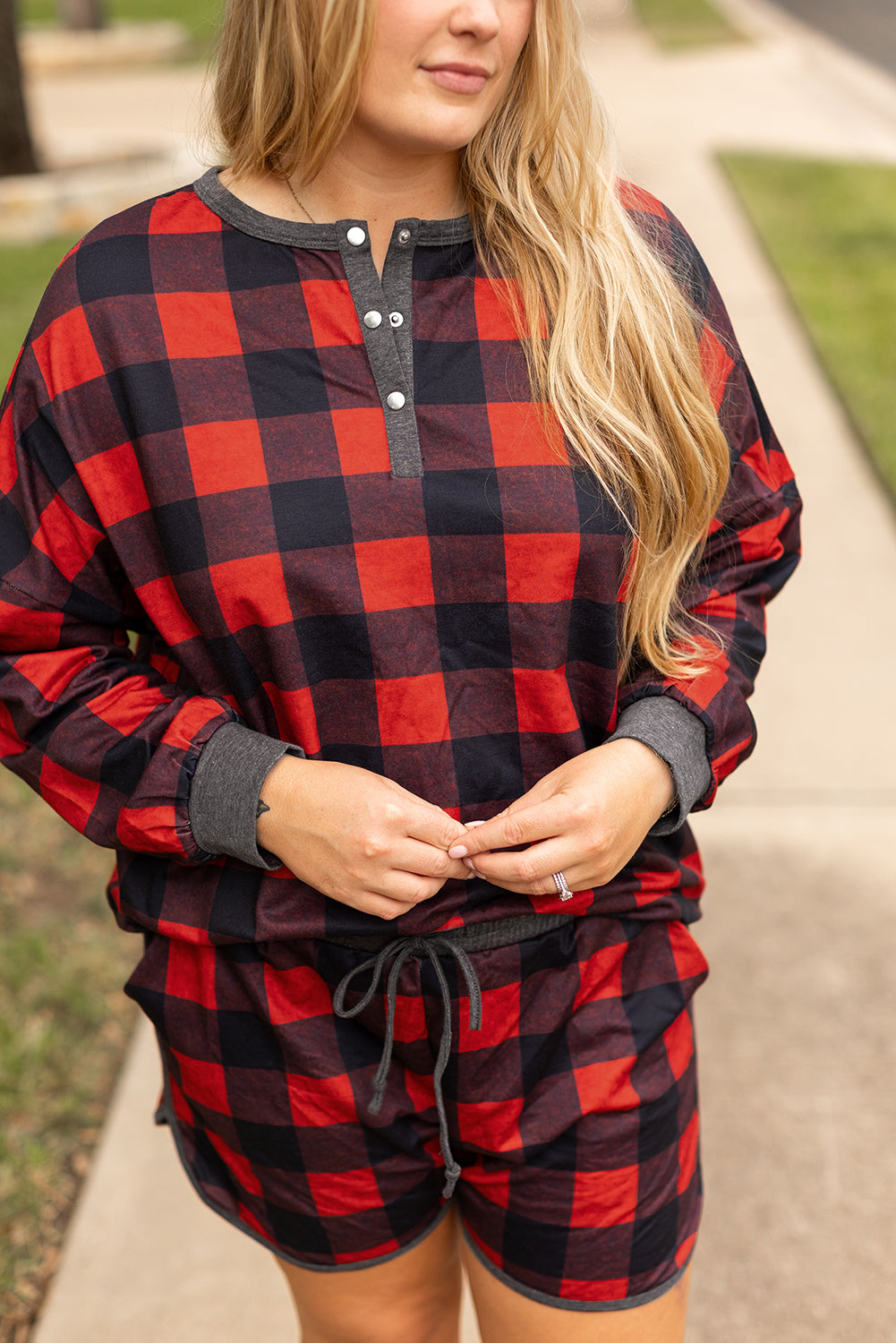 Red Christmas Buffalo Print Henley Top and Shorts Plus Size Matching Set