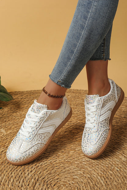 White PU Leather Detail Shimmer Leopard Printed Lace-up Sneakers