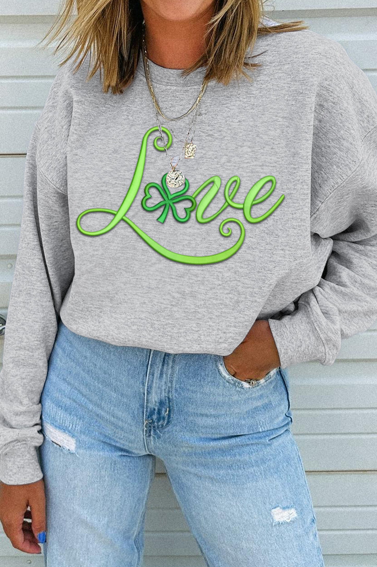 Gray 3D Puff Embroidered Love Clover Graphic Casual Sweatshirt