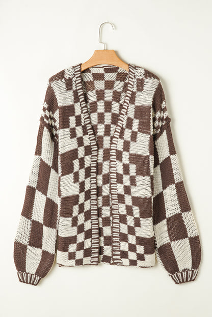 Dark Grey Colorblock Checked Loose Fit Open Front Knitted Cardigan