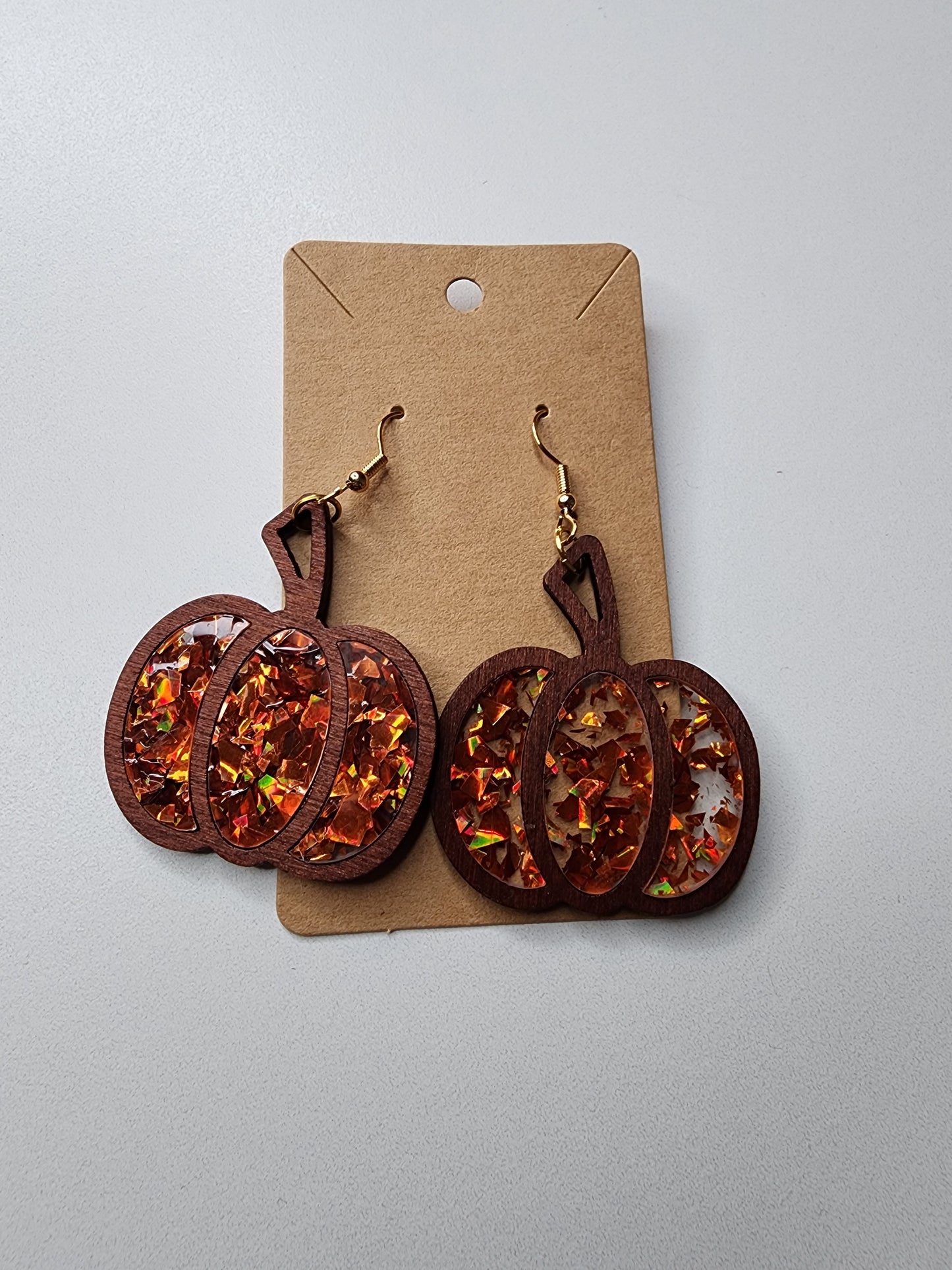 Wood Glitter Pumpkin Earrings