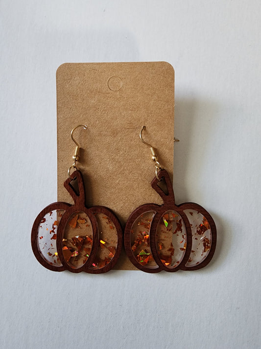 Wood Light Glitter Pumpkin Earrings