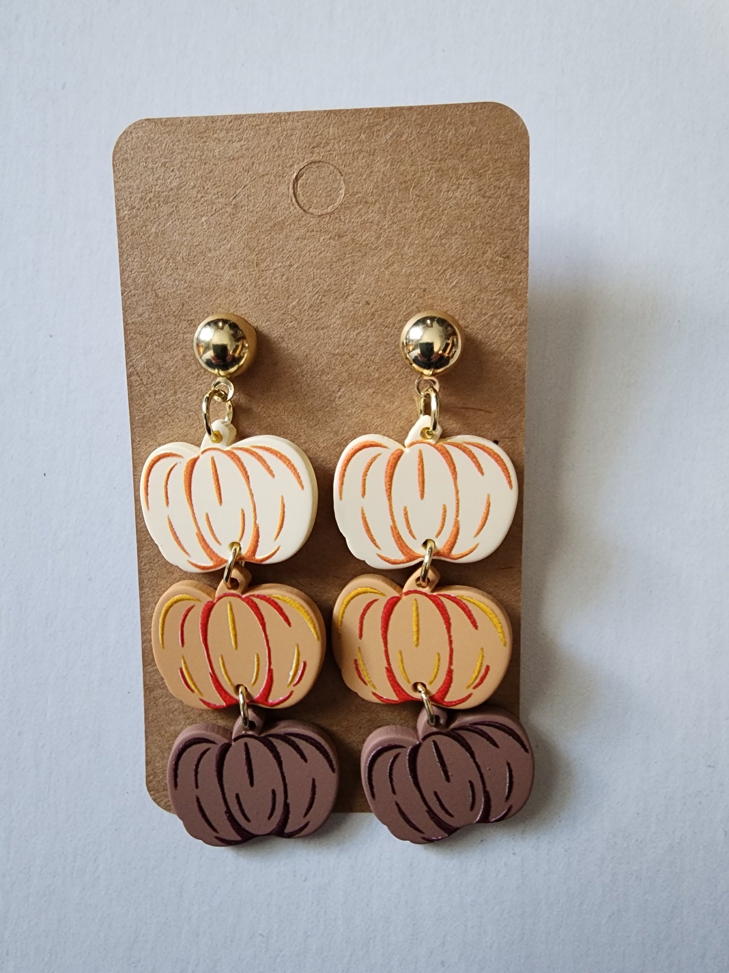 3 Stacked Pumpkins White, Orange, Brown Earrings