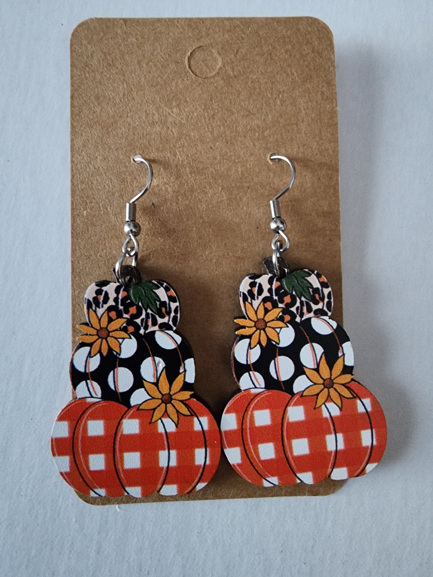 3 Stacked Pumpkin Black Polka Dot Earrings