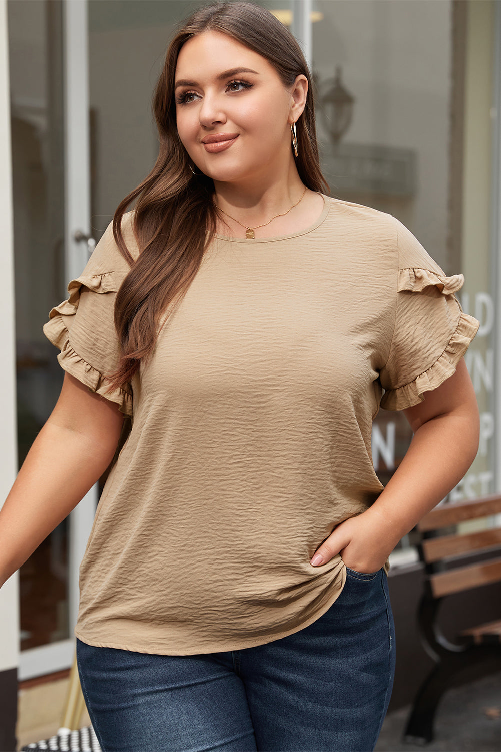 Dark Grey Ruffled Short Sleeve Plus Size Top