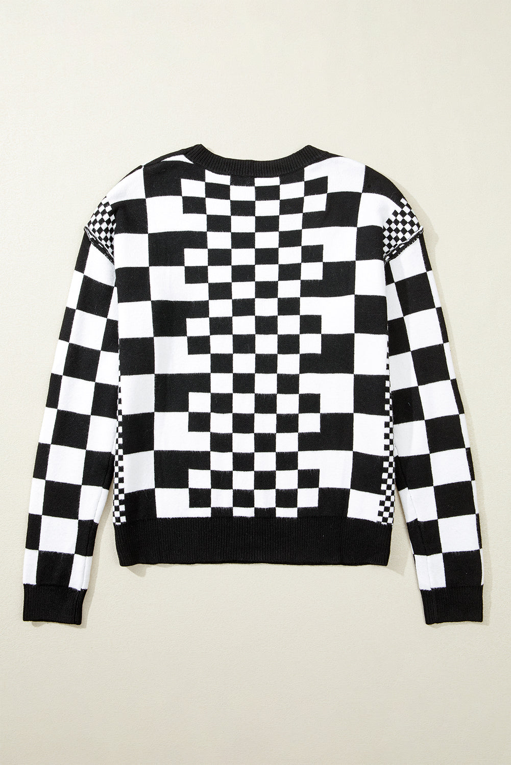 Black Checkered Drop Shoulder Round Neck Sweater