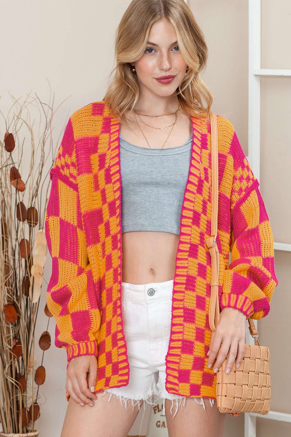 Dark Grey Colorblock Checked Loose Fit Open Front Knitted Cardigan