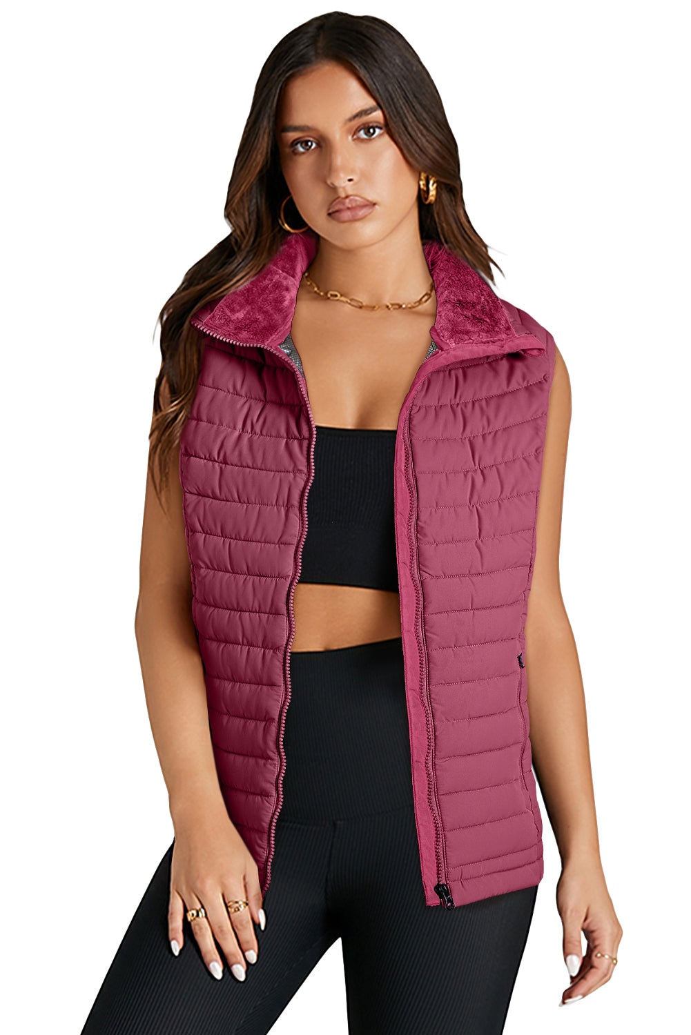 Silvery Plush Collared Quilted Zipped Puffer Vest