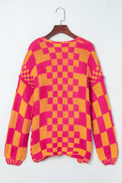 Dark Grey Colorblock Checked Loose Fit Open Front Knitted Cardigan