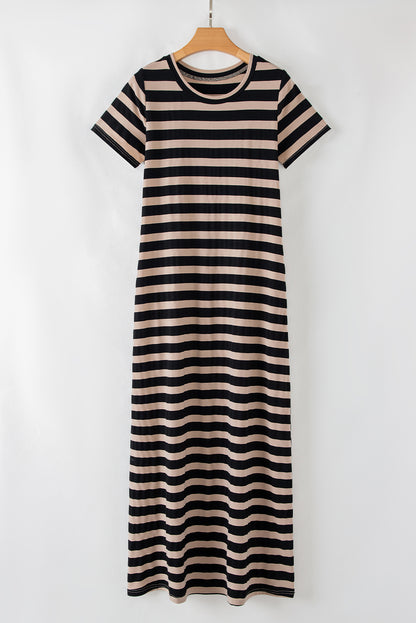 Black Striped Side Pockets T-shirt Maxi Dress