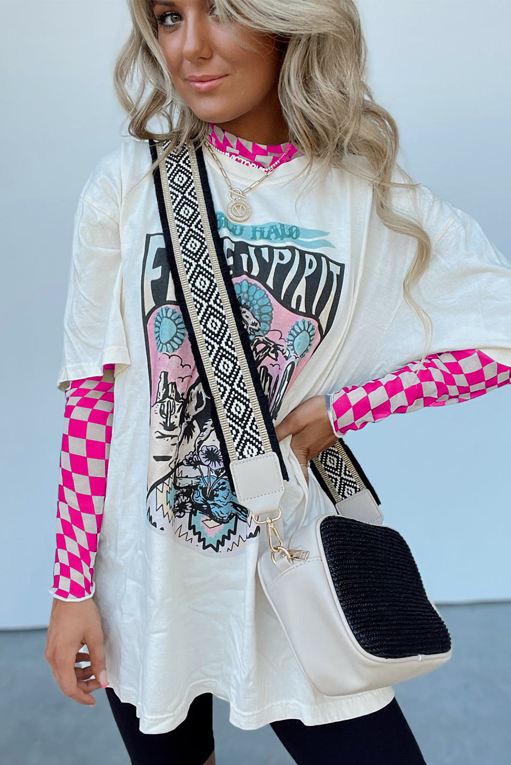 Rose Checkered Pattern Mesh Long Sleeve Top