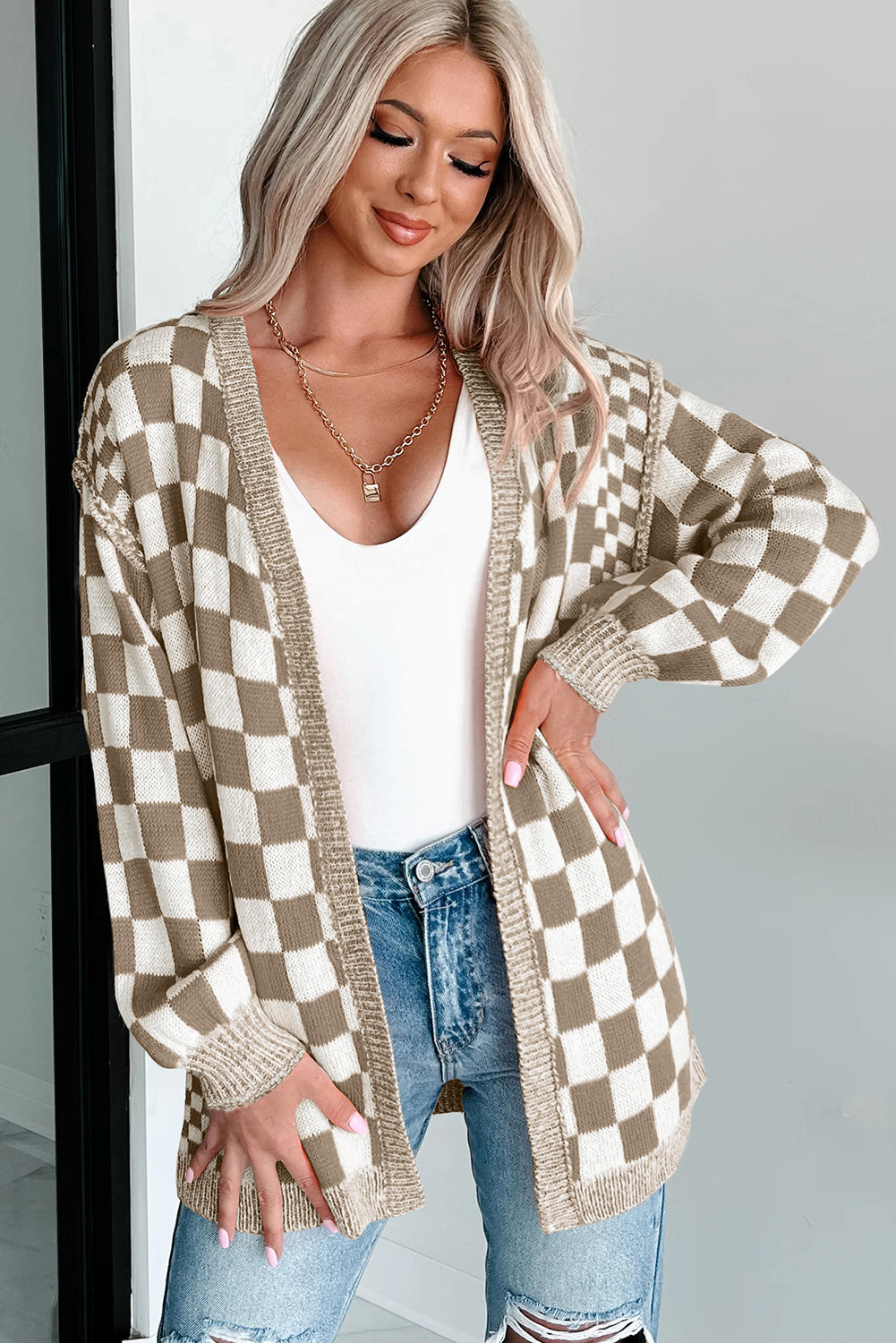 Orange Checkered Open Front Drop Shoulder Cardigan