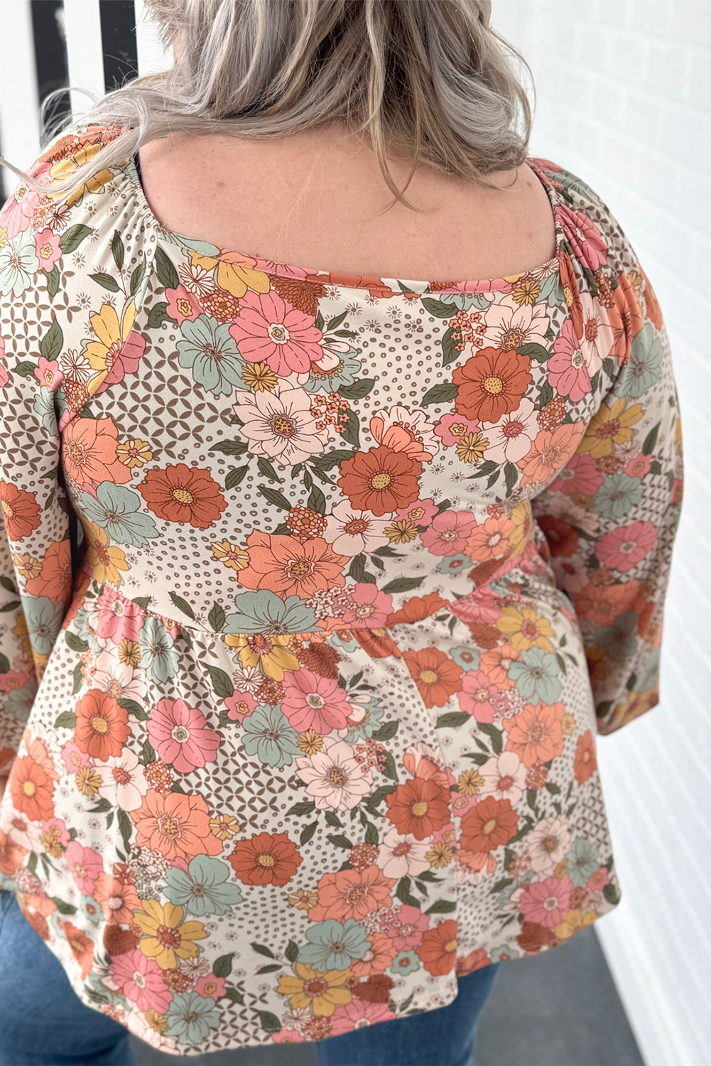 Khaki Plus Size Flower Print Square Neck Peplum Blouse