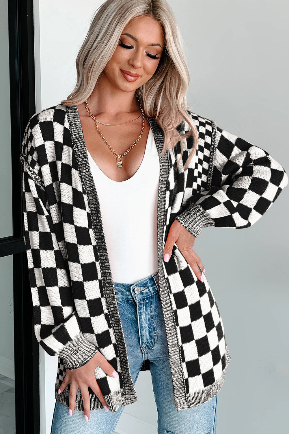 Orange Checkered Open Front Drop Shoulder Cardigan