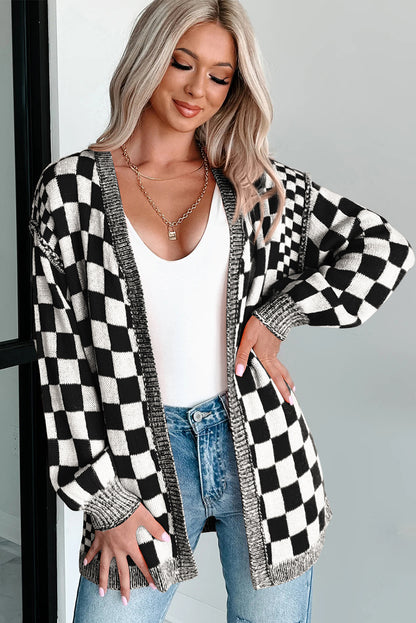 Orange Checkered Open Front Drop Shoulder Cardigan