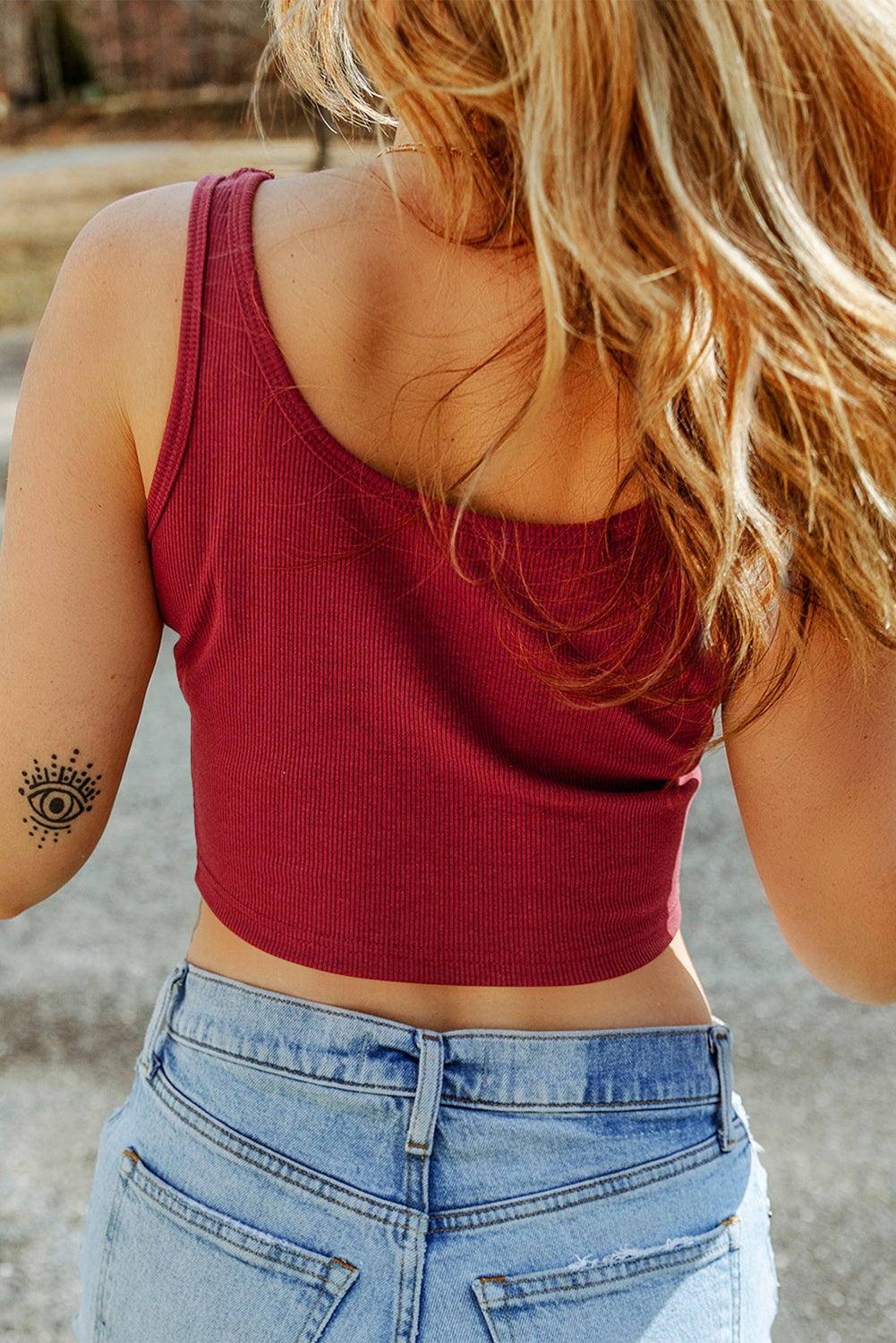 Racing Red Solid Color Ribbed Knit Crop Tank Top