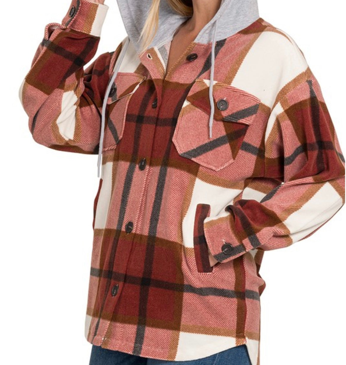 Rust Plaid Fleece Hooded Shacket