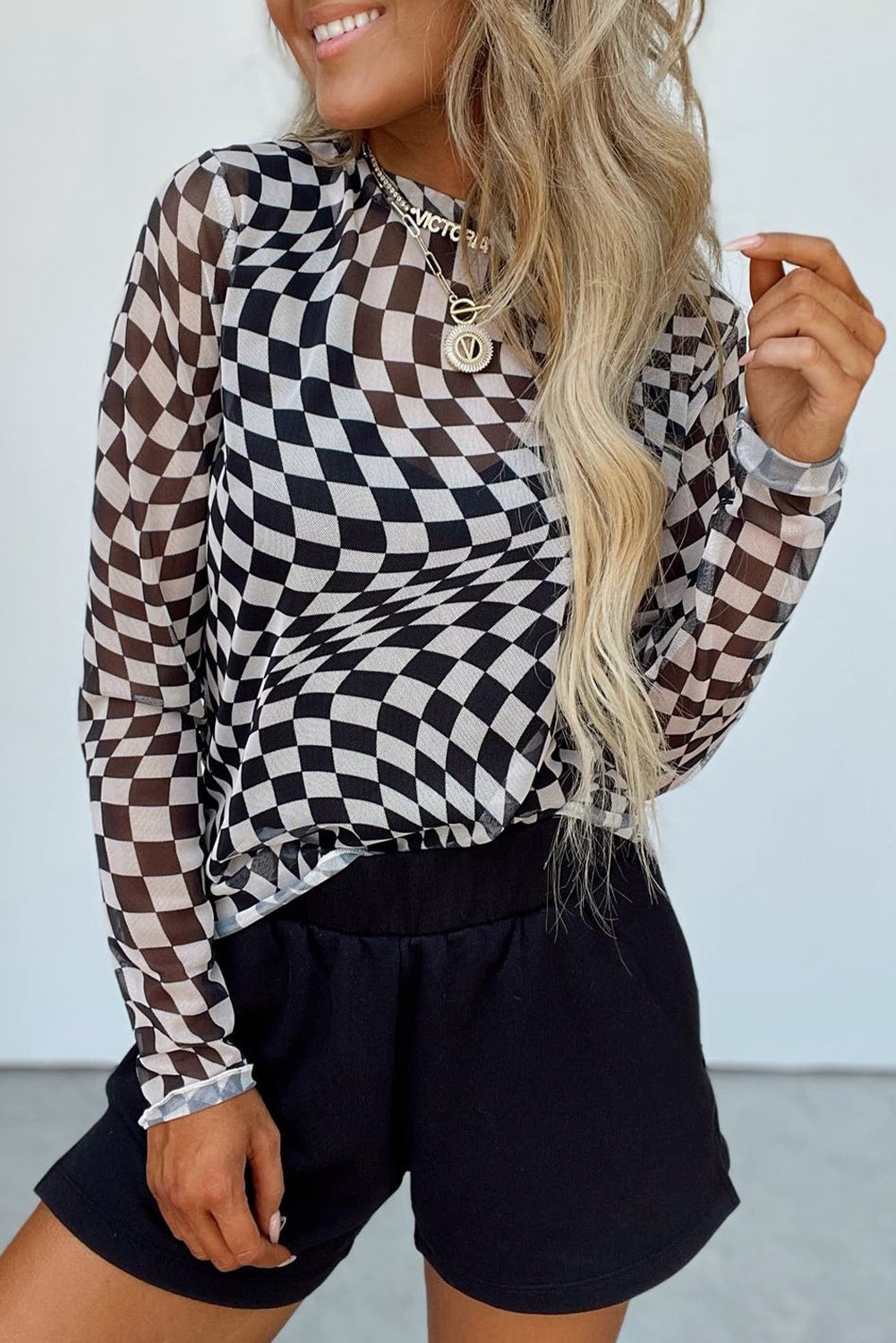 Rose Checkered Pattern Mesh Long Sleeve Top