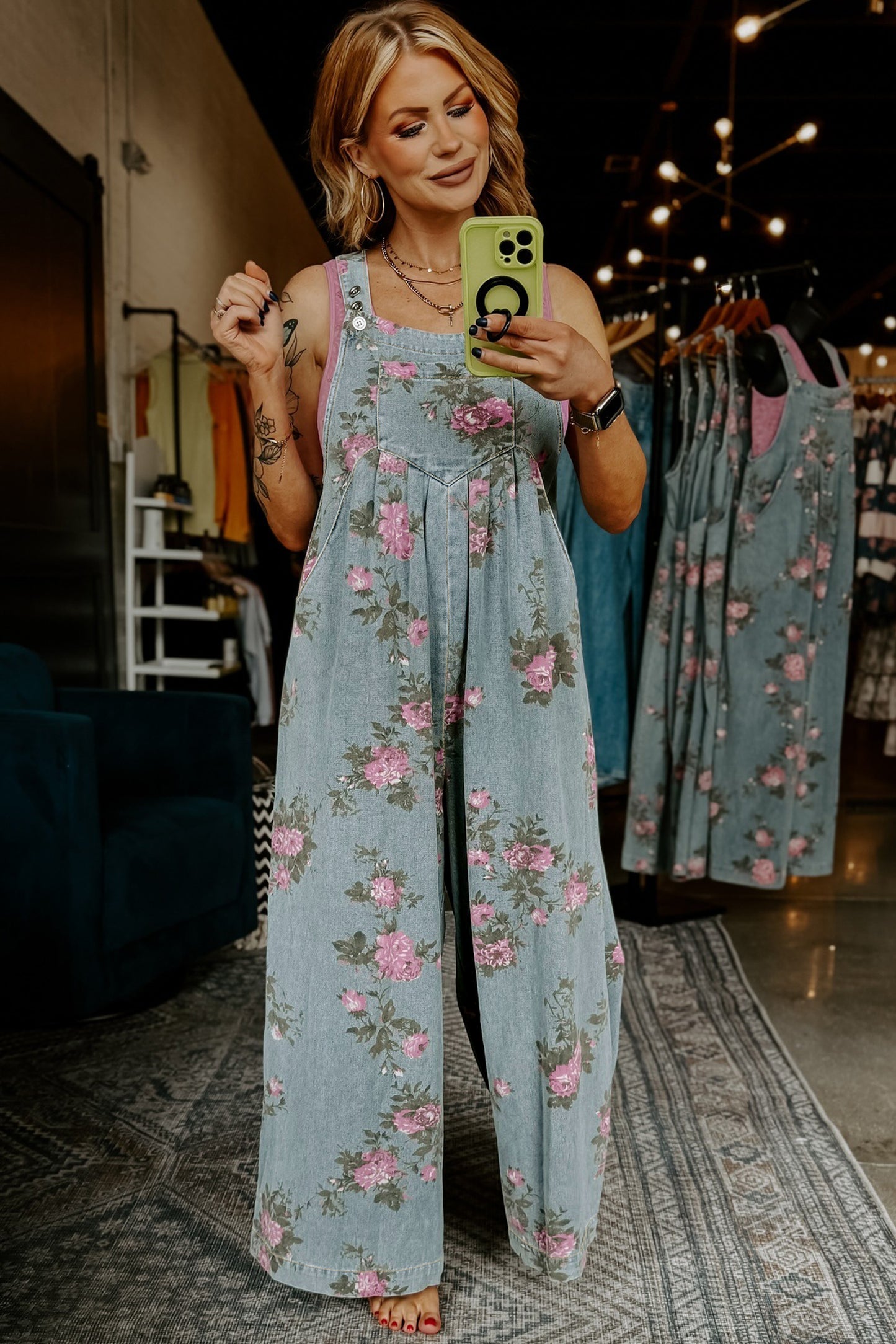 Beau Blue Floral Print Pleated High Waist Wide Leg Denim Jumpsuit