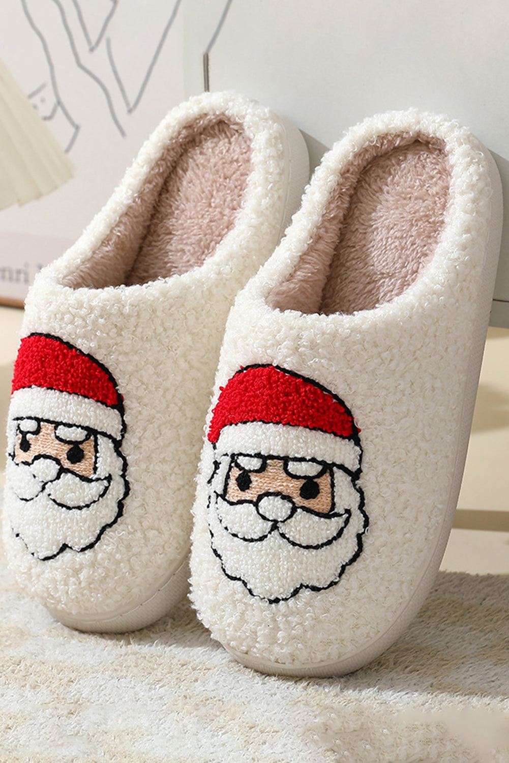 White Christmas Santa Claus Graphic Plush Slippers