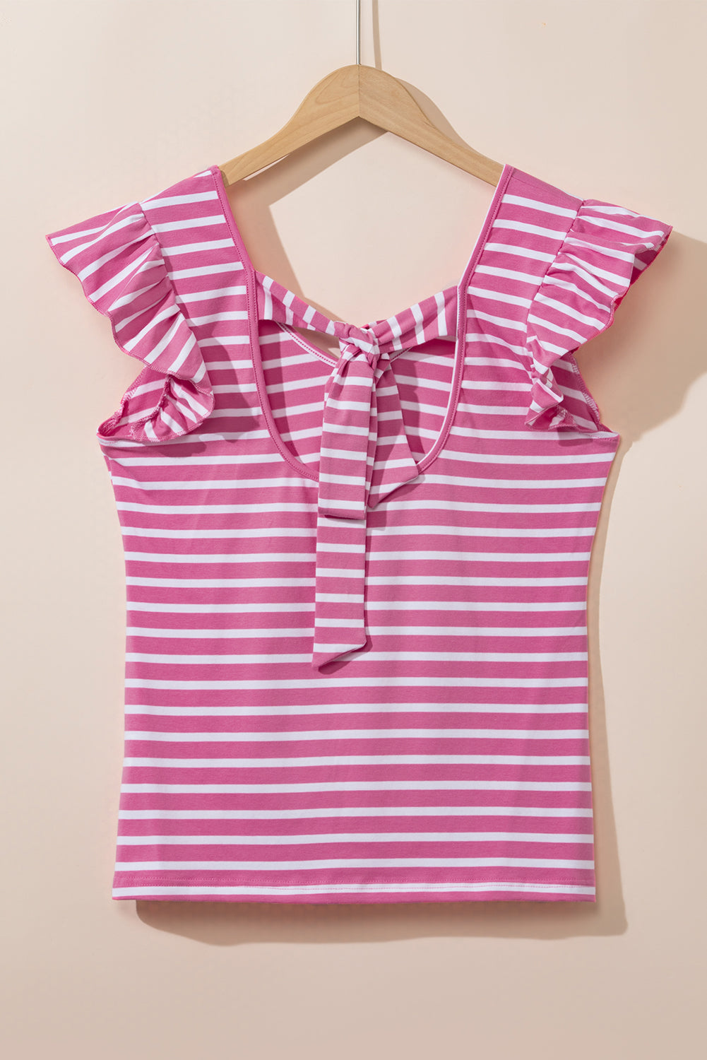 White Stripe V Neck Knotted Backless Ruffle T Shirt