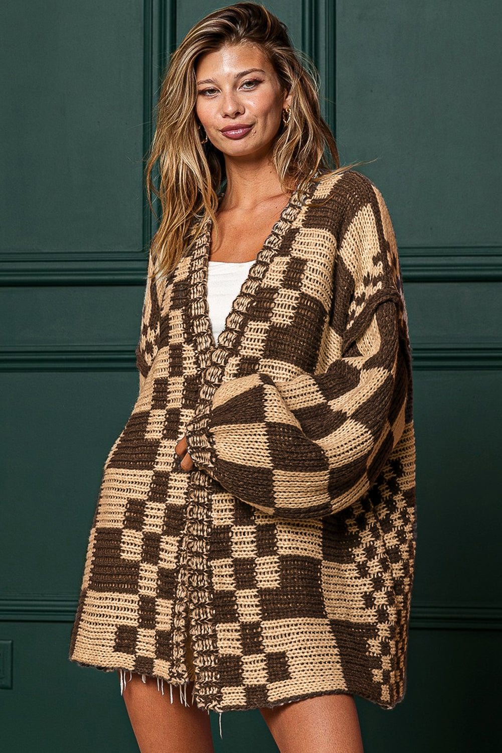 Dark Grey Colorblock Checked Loose Fit Open Front Knitted Cardigan
