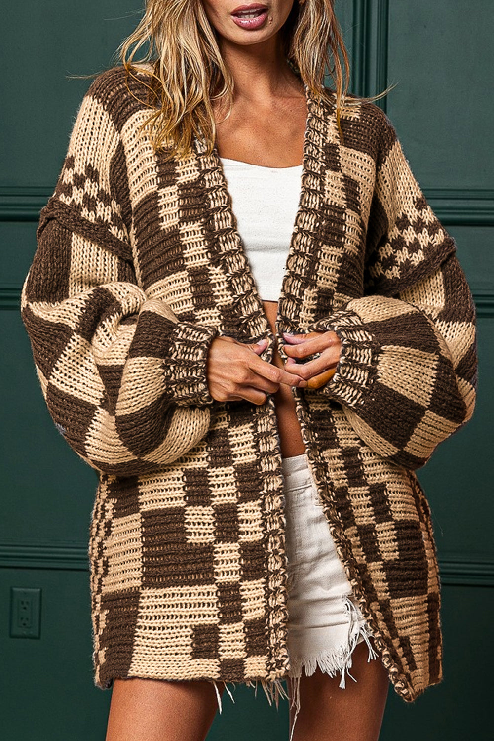 Dark Grey Colorblock Checked Loose Fit Open Front Knitted Cardigan