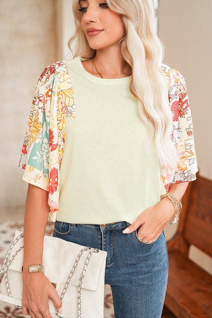 Beige Floral Patchwork Batwing Sleeve Blouse