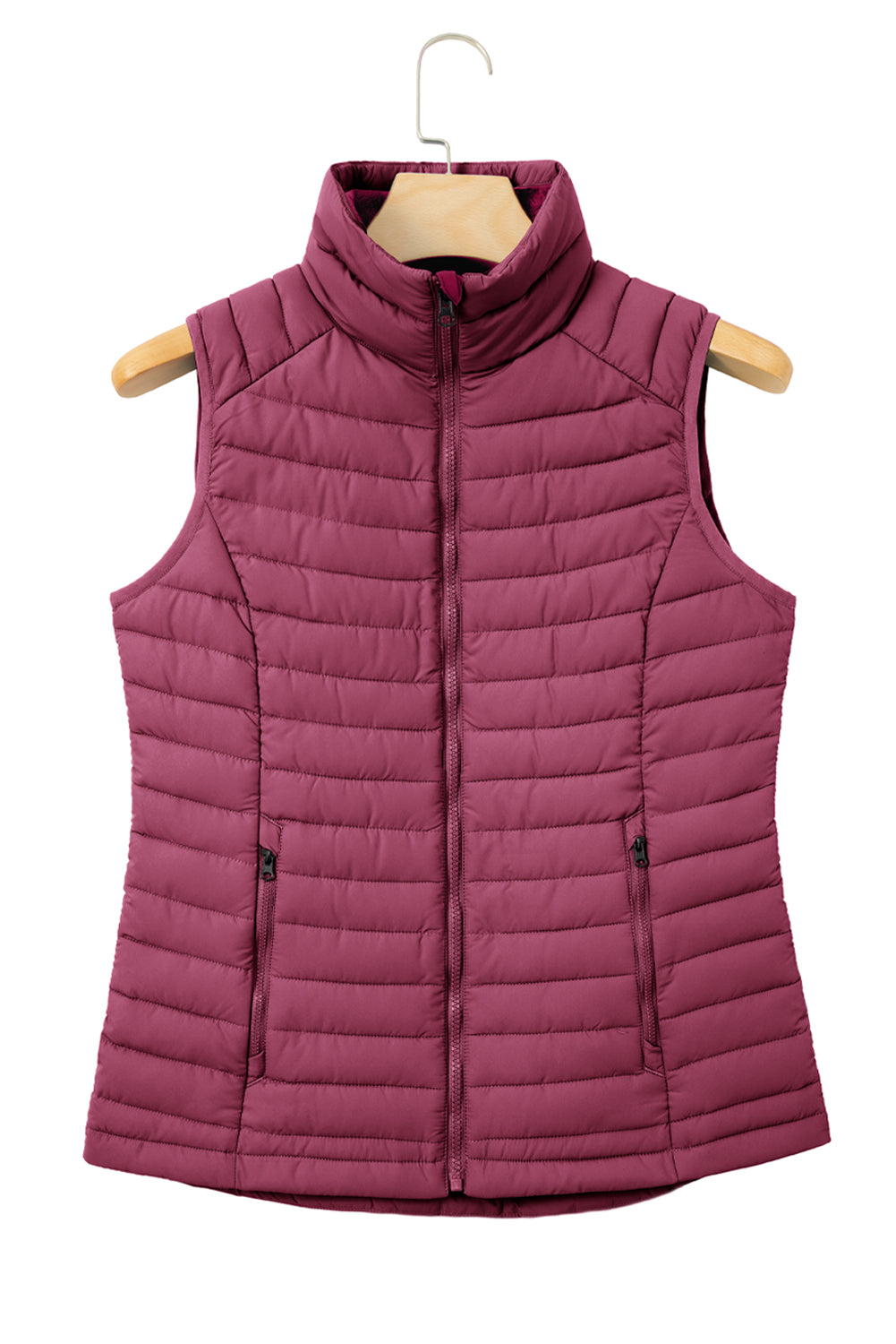 Silvery Plush Collared Quilted Zipped Puffer Vest