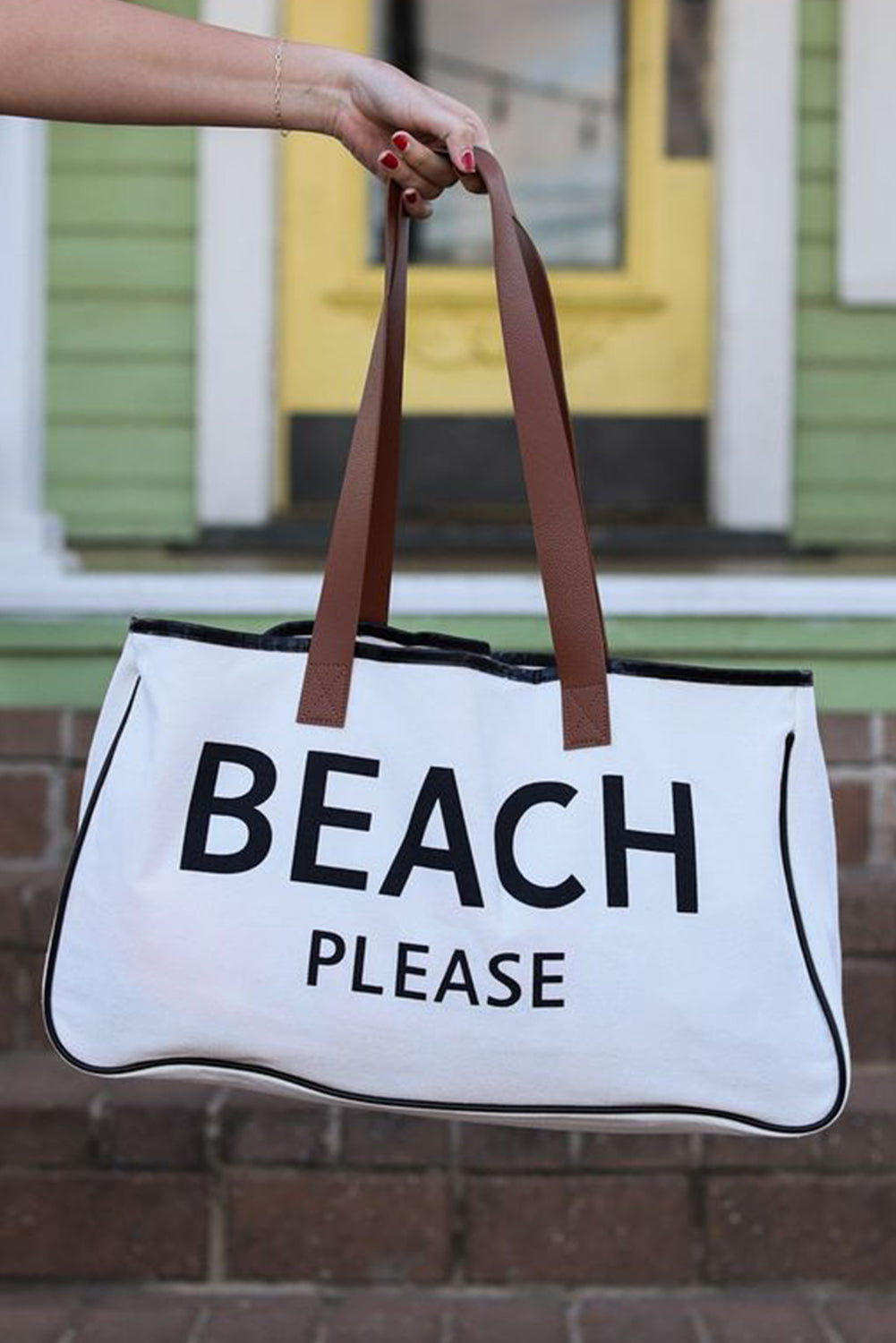 Bright White BEACH PLEASE Print Large Canvas Tote Bag