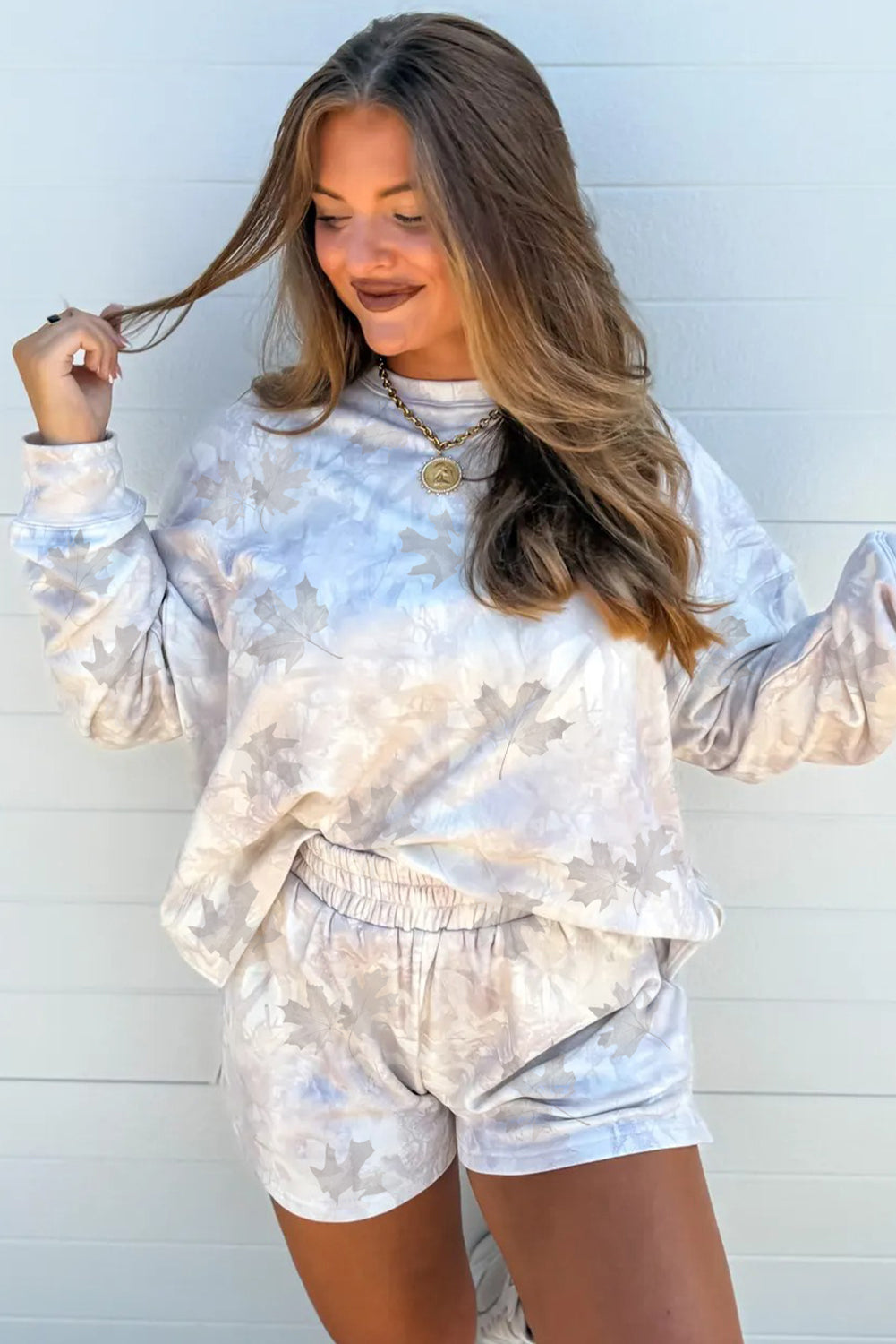 Beige Maple Camo Print Pullover Top and Elastic Waist Casual Short Set